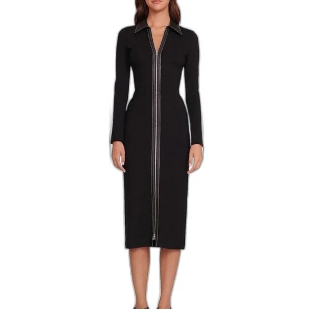Zipper Black Long Sleeve Dress, midi lengthy